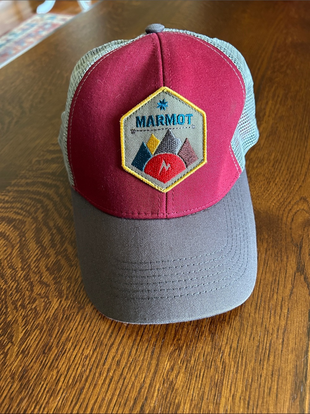 Marmot Two-Tone Trucker Hat in Burgundy and Gray with Patch